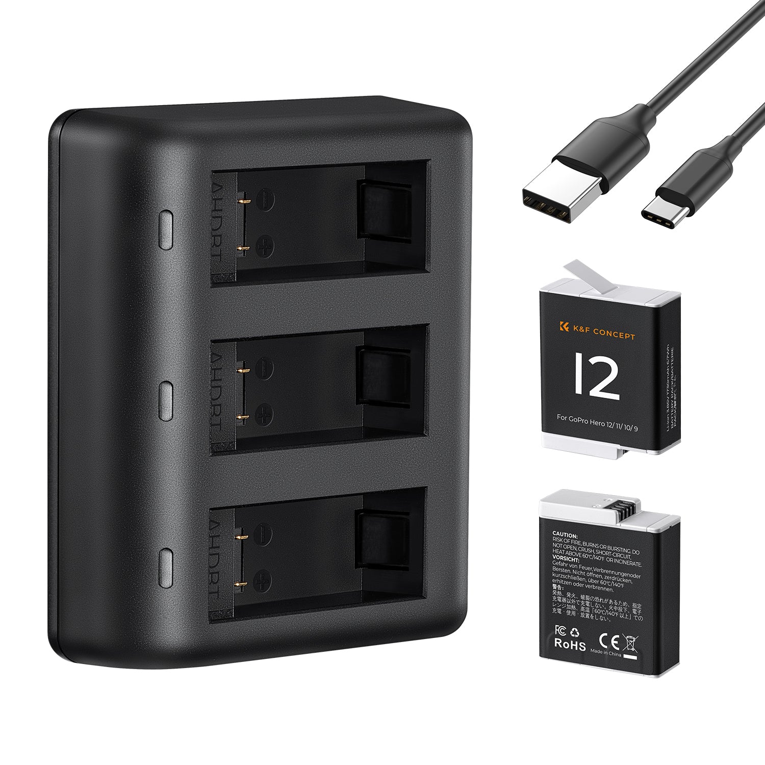 KF GoPro 9/10/11/12 sports camera battery 1730mAh, dual battery three slot LED display charger set, K&F CONCEPT KF GoPro 9/10/11/12 sports camera battery 1730mAh, dual battery three slot LED display charger set, K&F CONCEPT